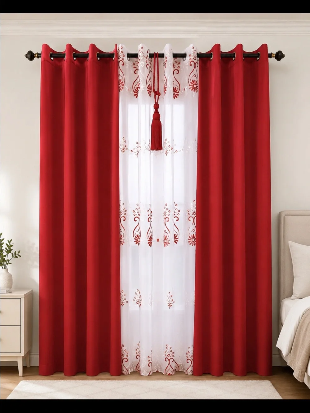 Red Grommet Blackout Panels with White Embroidered Sheer - Modern Window Set